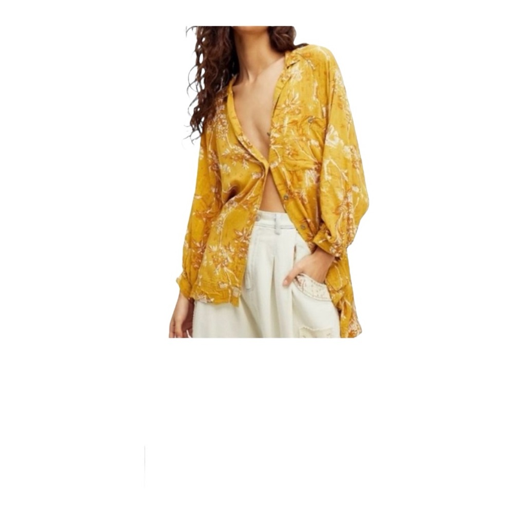 🆕 💛 NWT SAGE THE LABEL Pilcro Mustard/Gold Multi Floral Satin Blouse | Size M